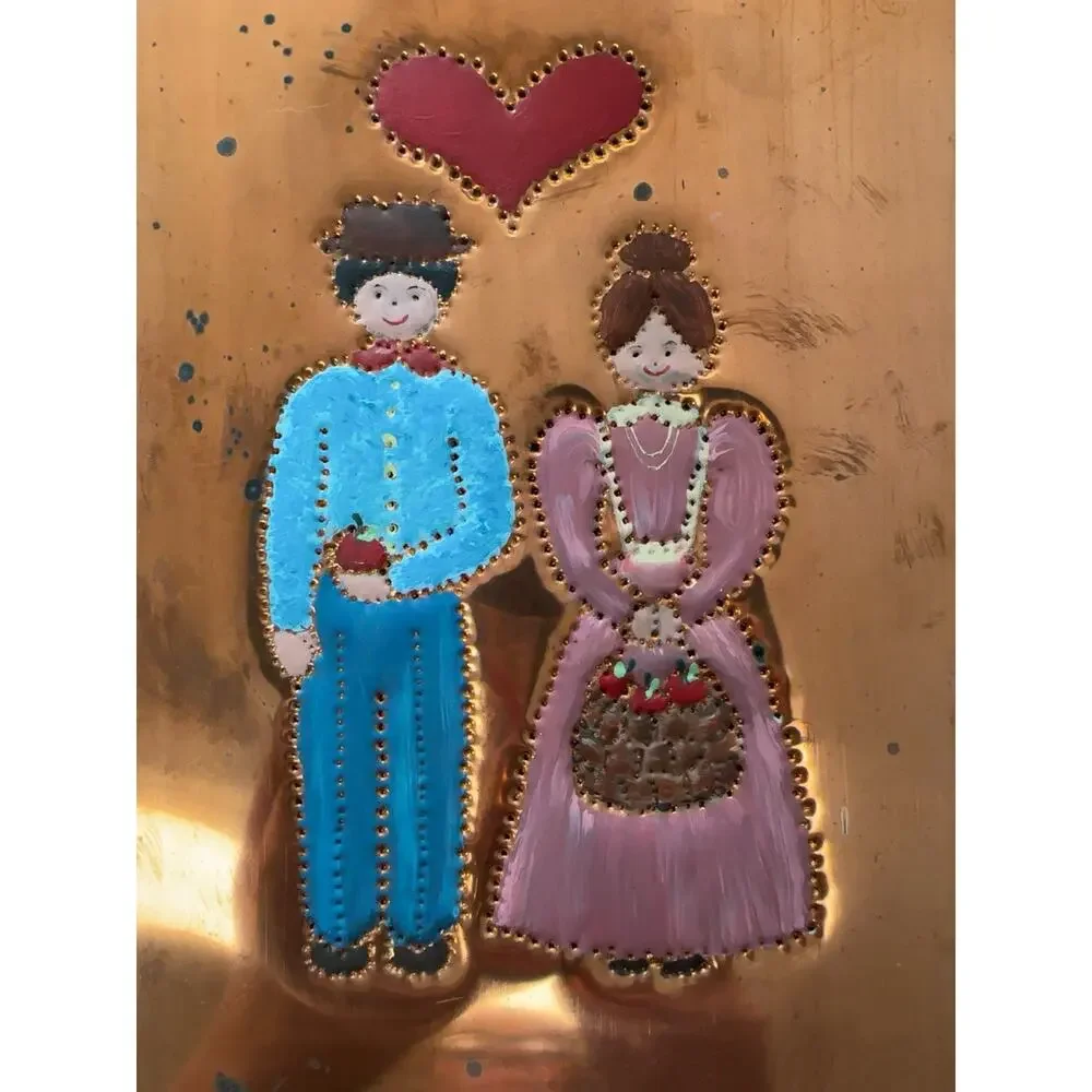 Vintage Folk Art Copper Wall Hanging Hand Painted Couple Heart Framed 11x14